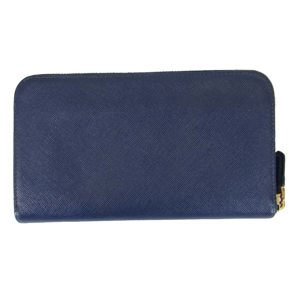 PRADA プラダ Saffiano Fiocco サフィアーノ フィオッコ リボン付 ラウンド ファスナー ジップ 長財布 ネイビー系【中古】