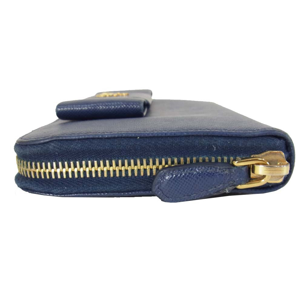 PRADA プラダ Saffiano Fiocco サフィアーノ フィオッコ リボン付 ラウンド ファスナー ジップ 長財布 ネイビー系【中古】