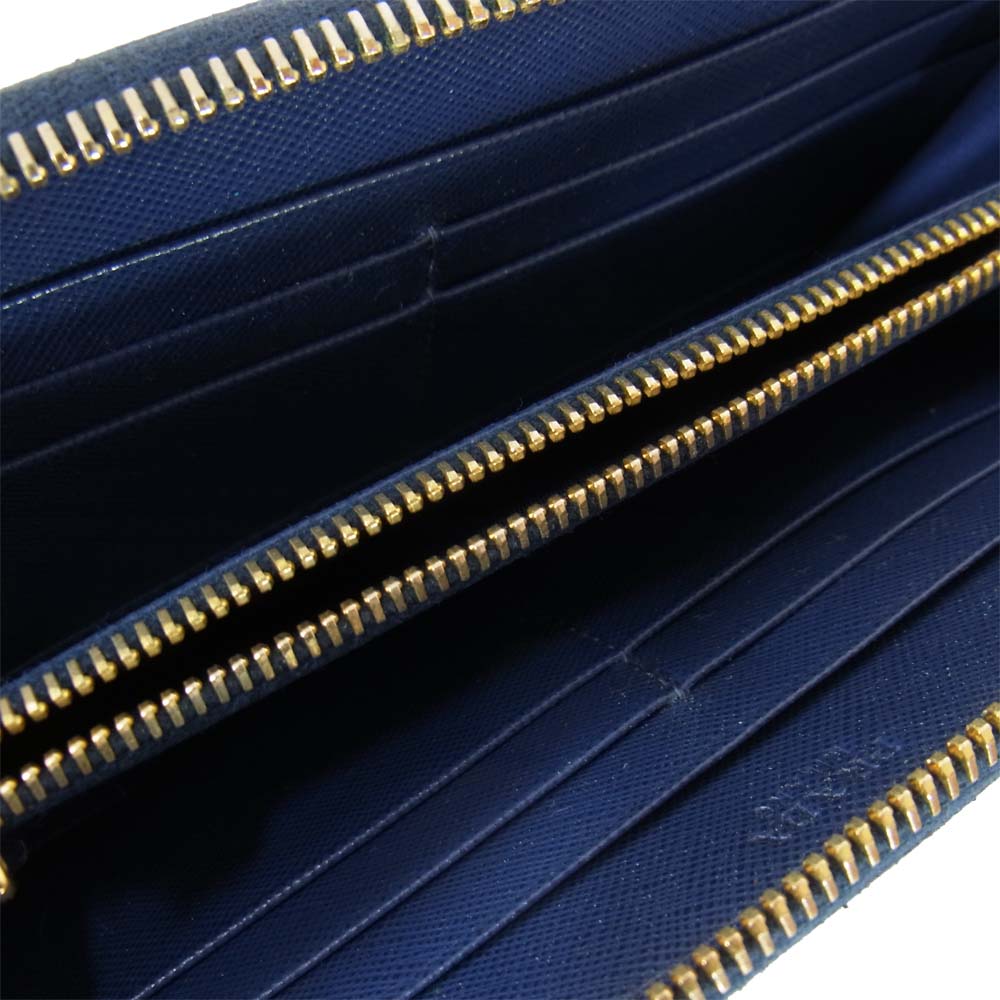 PRADA プラダ Saffiano Fiocco サフィアーノ フィオッコ リボン付 ラウンド ファスナー ジップ 長財布 ネイビー系【中古】
