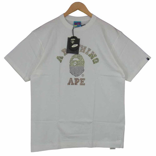 A BATHING APE アベイシングエイプ グラデーション ラインストーン ロゴ 半袖 Tシャツ ホワイト系 L【新古品】【未使用】【中古】