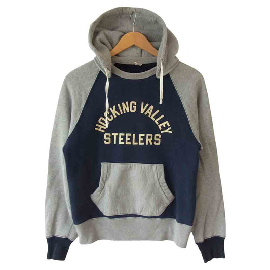 THE FLAT HEAD ザフラットヘッド GLORY PARK 後付け フード プリント スウェット グレー系×ネイビー系 38【中古】