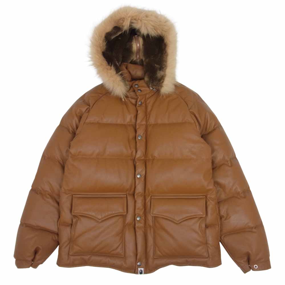 A BATHING APE アベイシングエイプ カウハイド レザー ファー ダウン ジャケット ブラウン系 L【中古】