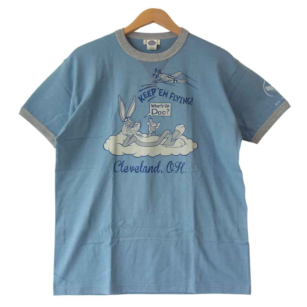 TOY'S McCOY トイズマッコイ KEEP 'EM FLYING 前Vガゼット マイティー エース フロント プリント ミリタリー Tシャツ ブルー系 XL【美品】【中古】