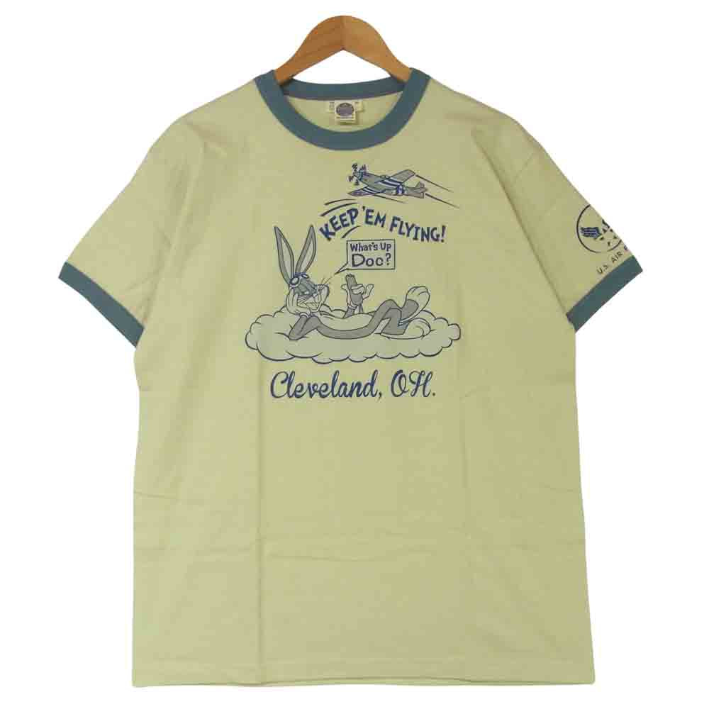 TOY'S McCOY トイズマッコイ TMC1405 NATIONAL AIR RACES 前Vガゼット バッグスバニー プリント ミリタリー 半袖 Tシャツ グレイッシュベージュ系 XL【美品】【中古】
