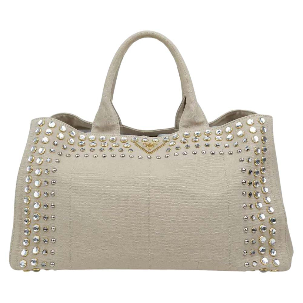 PRADA プラダ カナパ ビジュー スタッズ トート バッグ ベージュ系【中古】