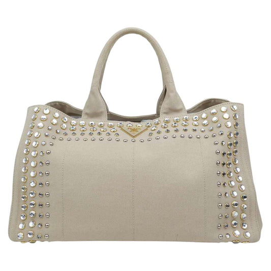 PRADA プラダ カナパ ビジュー スタッズ トート バッグ ベージュ系【中古】