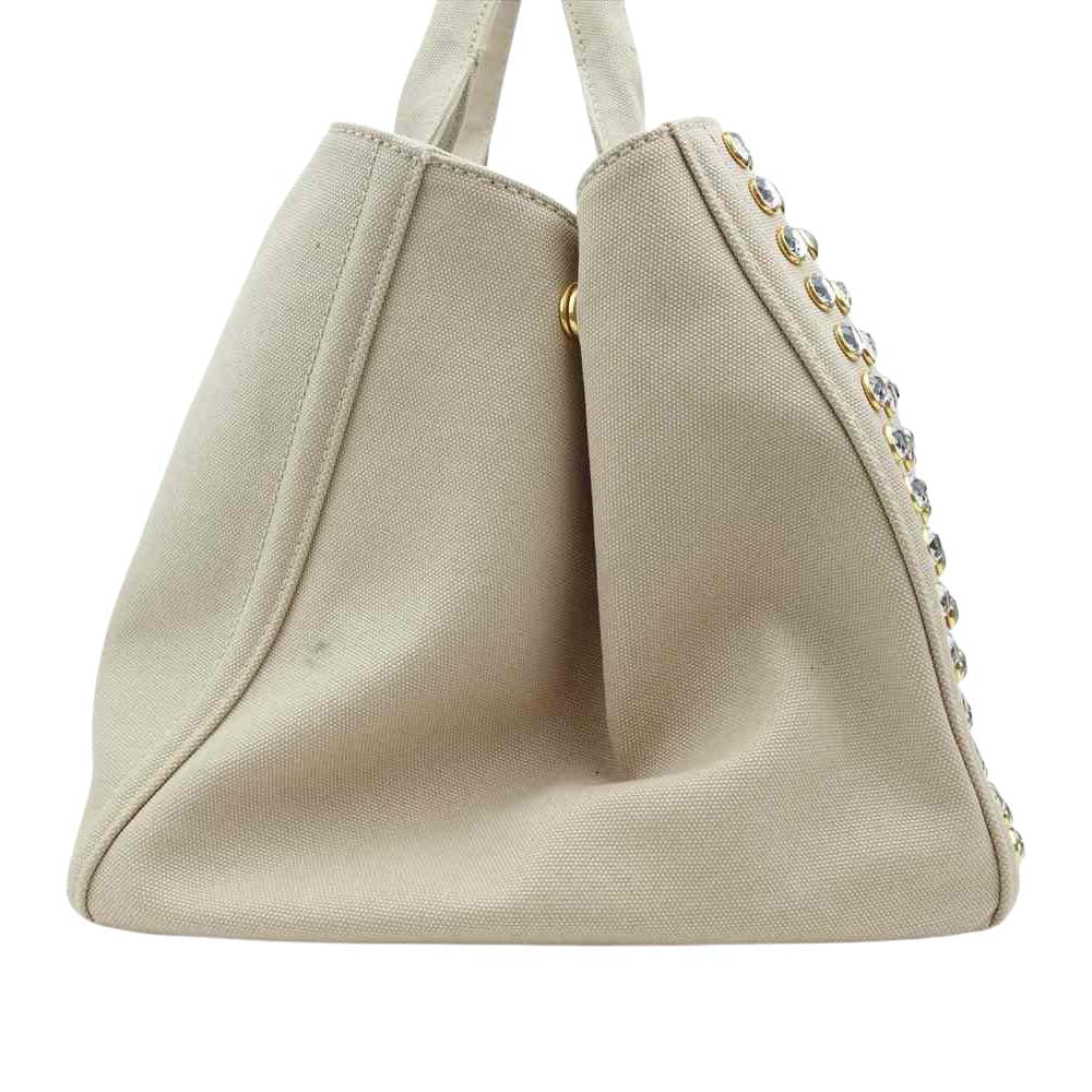 PRADA プラダ カナパ ビジュー スタッズ トート バッグ ベージュ系【中古】