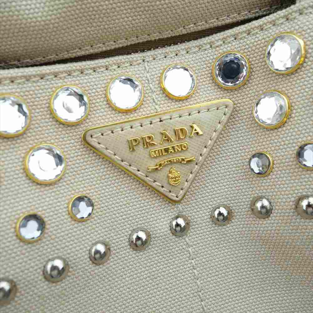 PRADA プラダ カナパ ビジュー スタッズ トート バッグ ベージュ系【中古】