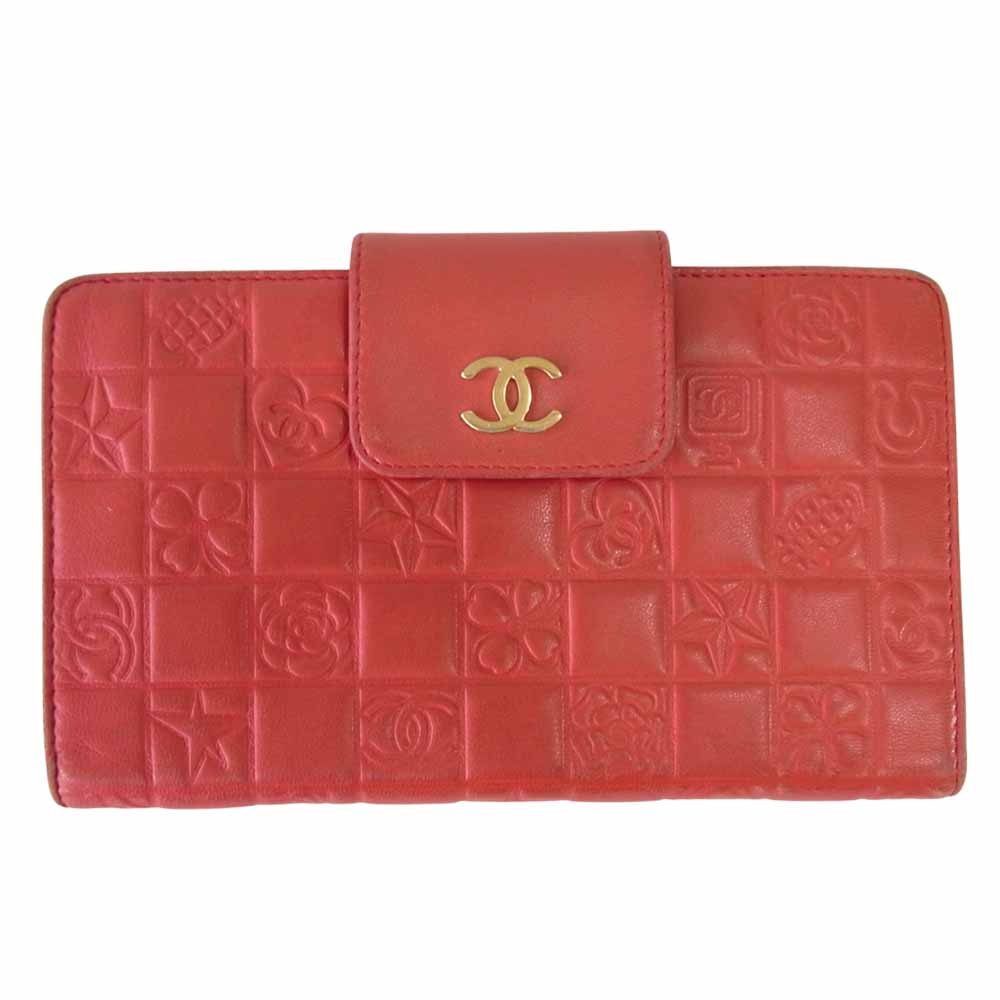 CHANEL シャネル アイコンライン ラムスキン 2つ折り がま口 長財布 レッド系【中古】