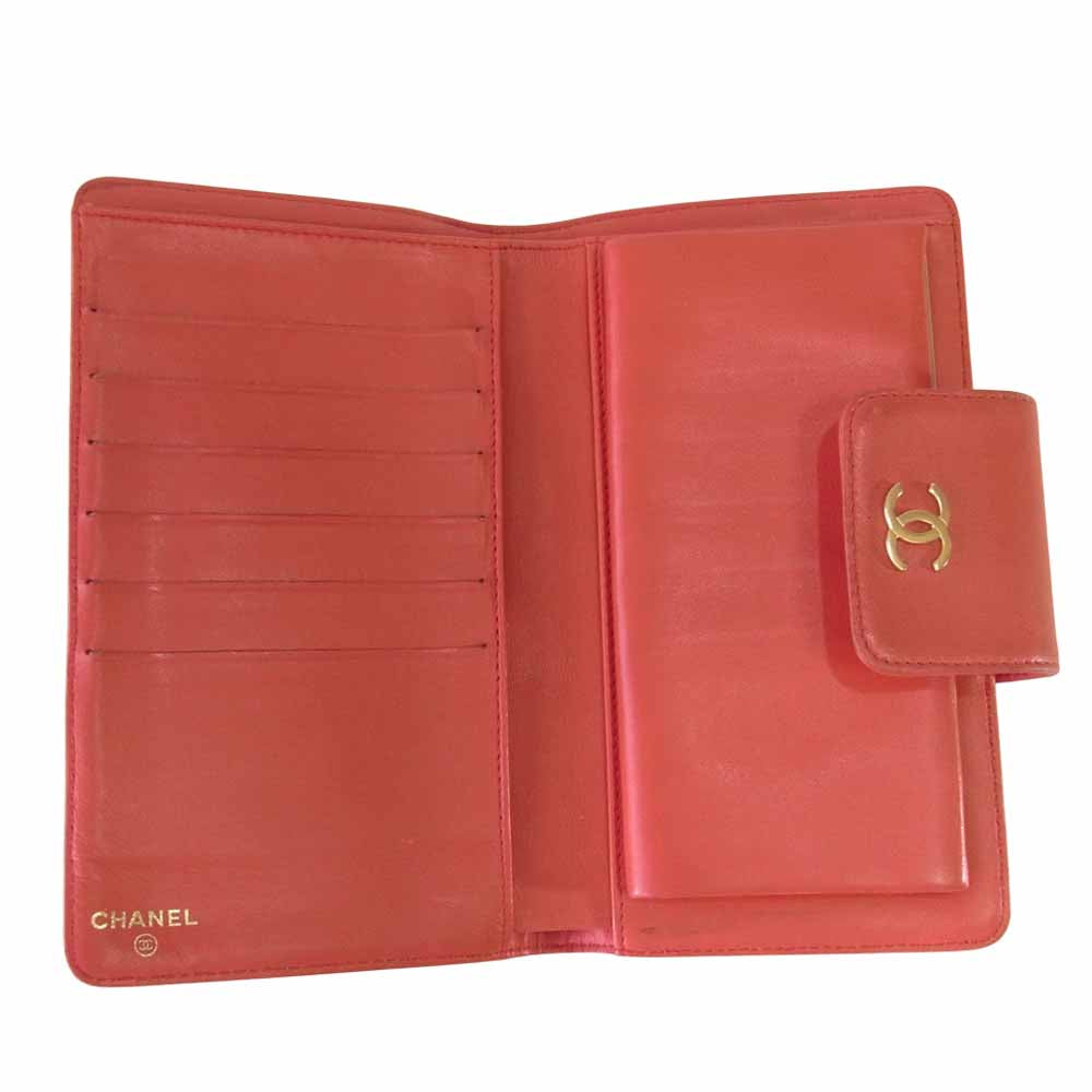 CHANEL シャネル アイコンライン ラムスキン 2つ折り がま口 長財布 レッド系【中古】