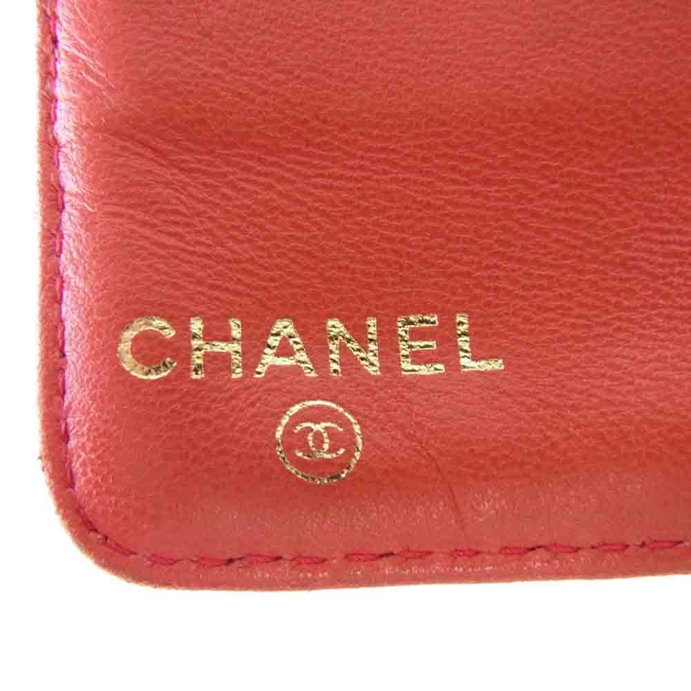 CHANEL シャネル アイコンライン ラムスキン 2つ折り がま口 長財布 レッド系【中古】