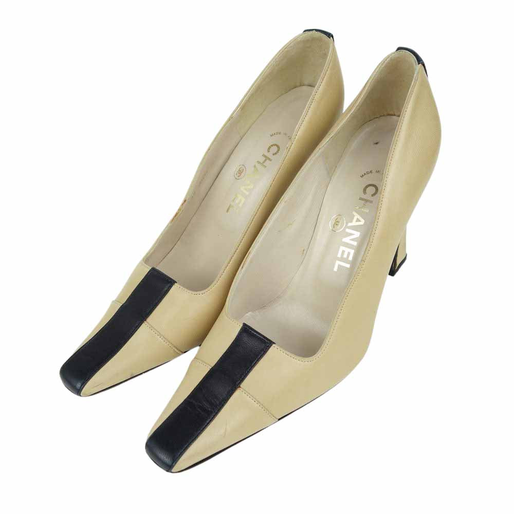 CHANEL シャネル バイカラー ライン パンプス ベージュ系 36 1/2【中古】