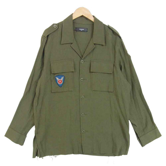 AMIRI カシミア混 ジャカード織り 加工 ミリタリー シャツ USA製 モスグリーン系 L【中古】