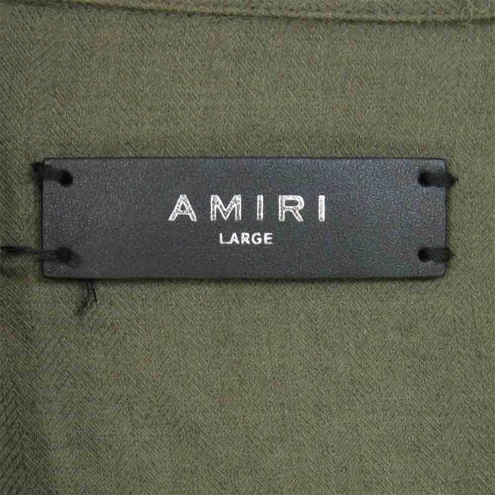 AMIRI カシミア混 ジャカード織り 加工 ミリタリー シャツ USA製 モスグリーン系 L【中古】