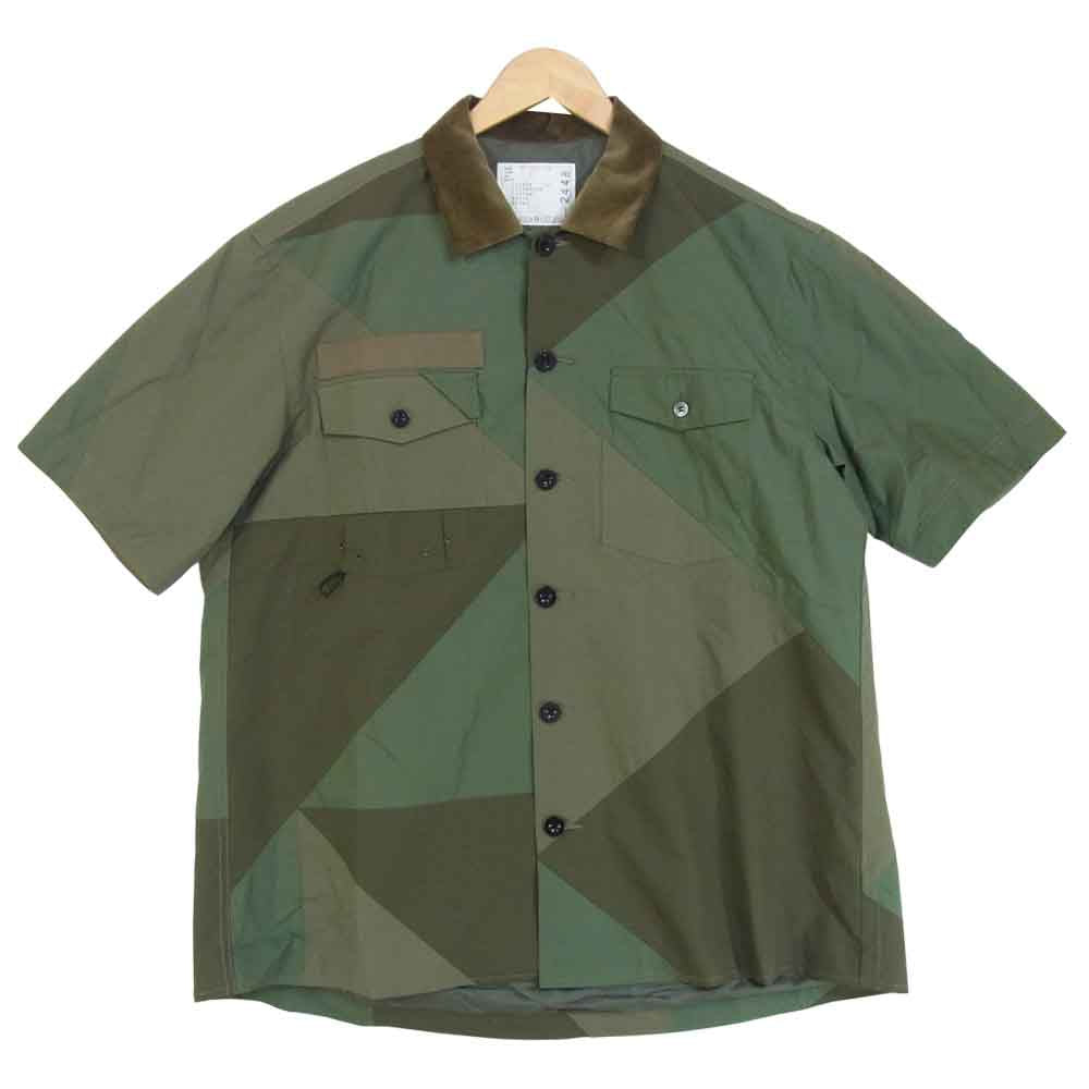 Sacai サカイ 21SS 21-02448M Hank Willis Thomas Solid Mix Shirt ツイル 切替 ソリッドミックス S/S シャツ モスグリーン系 3【中古】