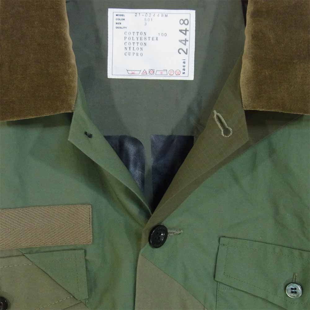 Sacai サカイ 21SS 21-02448M Hank Willis Thomas Solid Mix Shirt ツイル 切替 ソリッドミックス S/S シャツ モスグリーン系 3【中古】