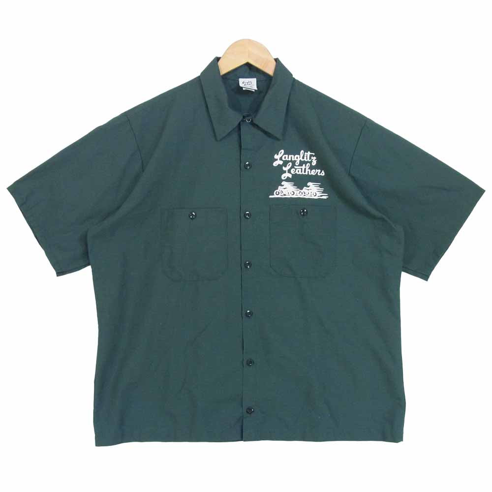 LANGLITZ LEATHERS ラングリッツレザーズ LOGO PRINT WORK SHIRT ロゴ プリント 半袖 ワークシャツ グリーン系 L【中古】