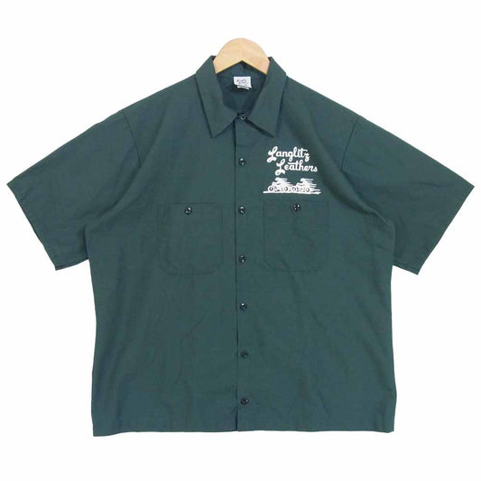 LANGLITZ LEATHERS ラングリッツレザーズ LOGO PRINT WORK SHIRT ロゴ プリント 半袖 ワークシャツ グリーン系 L【中古】