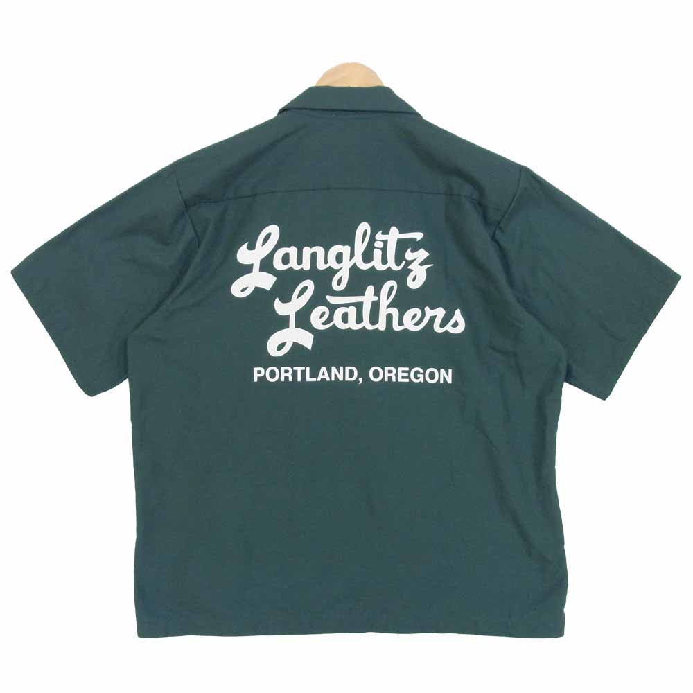 LANGLITZ LEATHERS ラングリッツレザーズ LOGO PRINT WORK SHIRT ロゴ プリント 半袖 ワークシャツ グリーン系 L【中古】