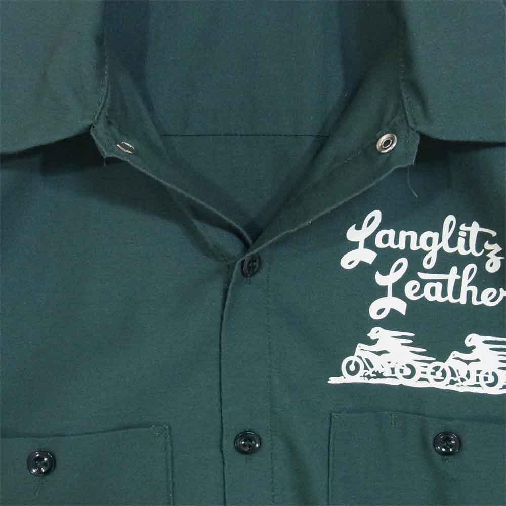 LANGLITZ LEATHERS ラングリッツレザーズ LOGO PRINT WORK SHIRT ロゴ プリント 半袖 ワークシャツ グリーン系 L【中古】