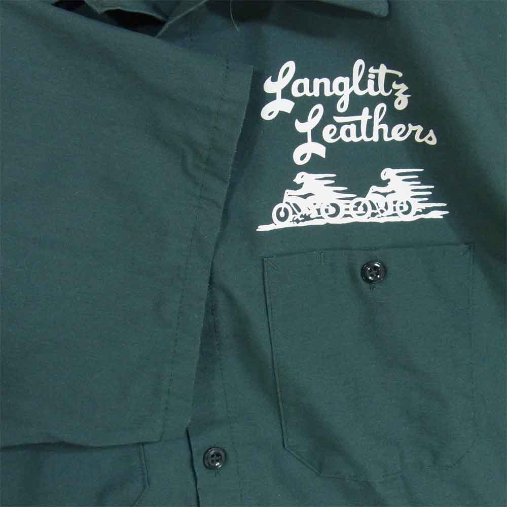 LANGLITZ LEATHERS ラングリッツレザーズ LOGO PRINT WORK SHIRT ロゴ プリント 半袖 ワークシャツ グリーン系 L【中古】