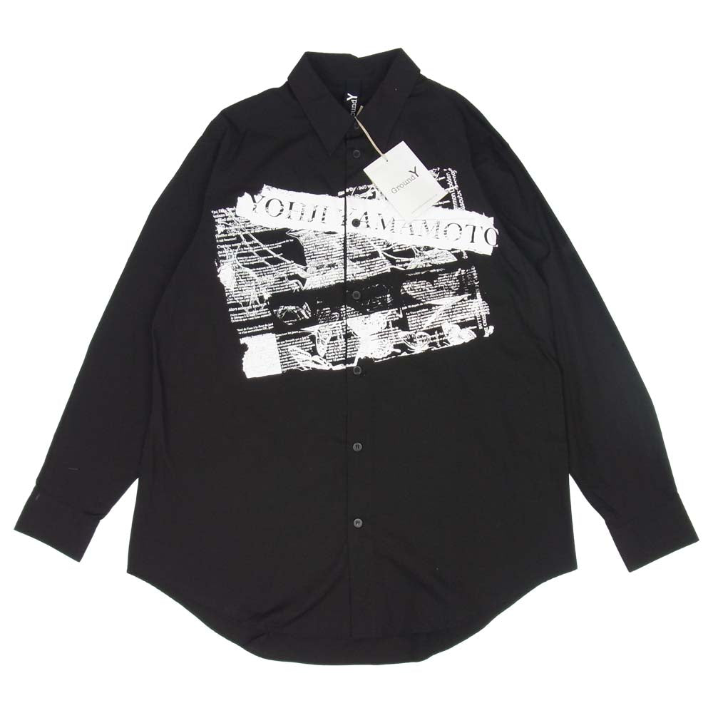 Yohji Yamamoto ヨウジヤマモト GT-B19-020-2 GroundY グラウンドワイ Basic Shirt English Newspaper x Antique Flower PatternA プリント シャツ ブラック系 ホワイト系 3【新古品】【未使用】【中古】