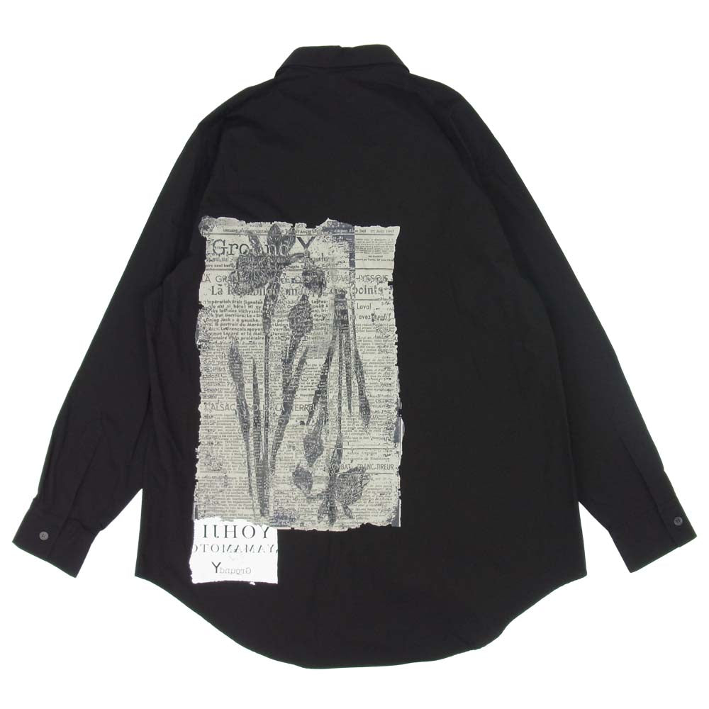Yohji Yamamoto ヨウジヤマモト GT-B19-020-2 GroundY グラウンドワイ Basic Shirt English Newspaper x Antique Flower PatternA プリント シャツ ブラック系 ホワイト系 3【新古品】【未使用】【中古】