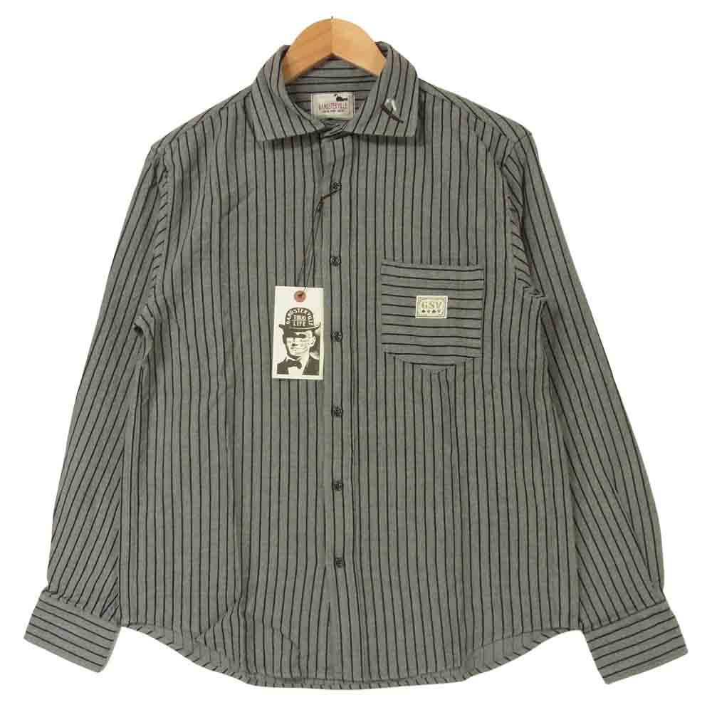 GANGSTERVILLE ギャングスタービル GSV-16-AW-28 RAZOR GANG L/S SHIRT 襟刺繍 ストライプ 長袖 シャツ グレー系 M【新古品】【未使用】【中古】