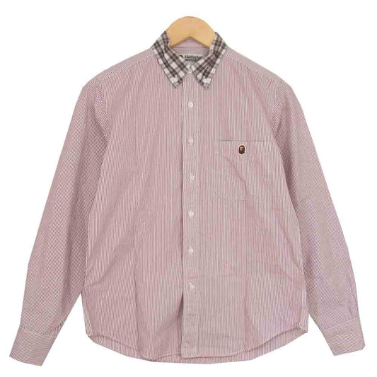 A BATHING APE アベイシングエイプ チェック襟 ストライプ BD レッド系 S【中古】