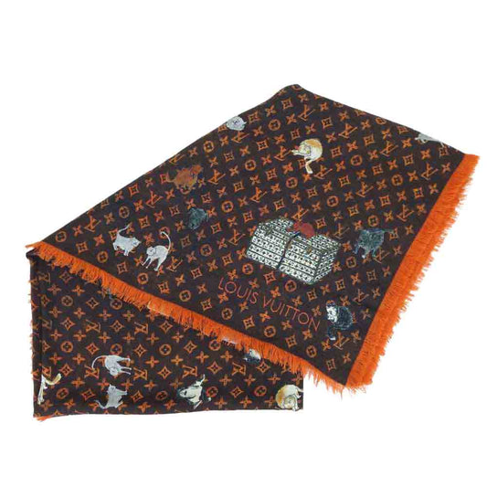 LOUIS VUITTON ルイ・ヴィトン MP2265 キャットグラム モノグラム シルク ウール 大判 ストール スカーフ ブラウン系【極上美品】【中古】