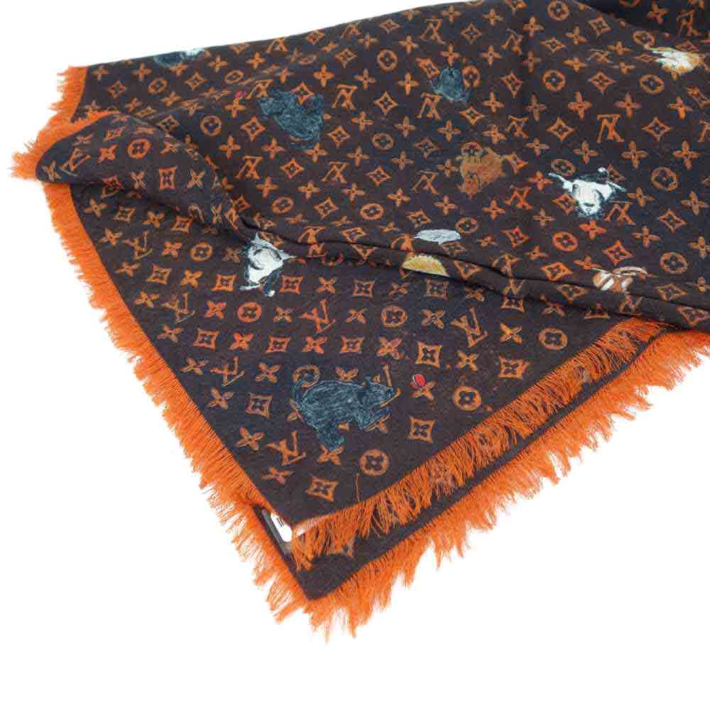 LOUIS VUITTON ルイ・ヴィトン MP2265 キャットグラム モノグラム シルク ウール 大判 ストール スカーフ ブラウン系【極上美品】【中古】