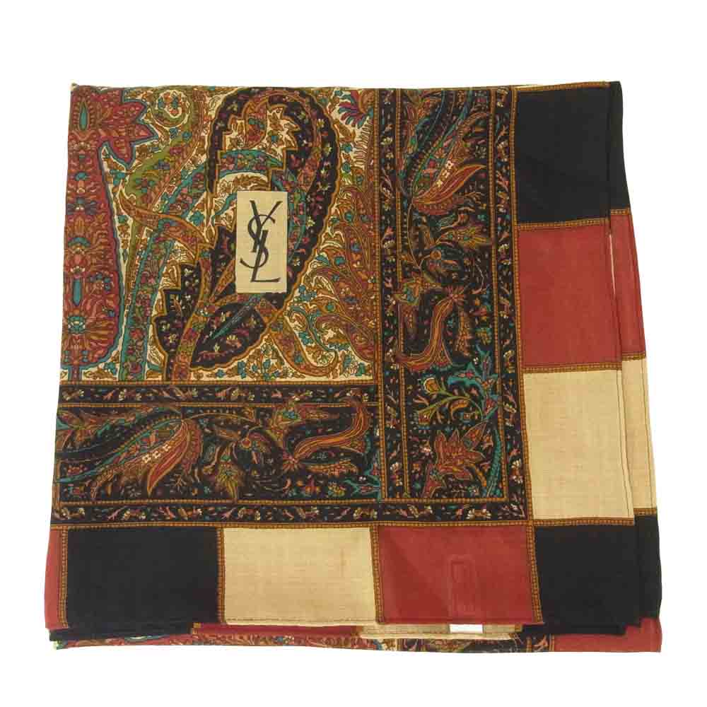 YVES SAINT LAURENT イヴサンローラン YSL ペイズリー柄 ウール シルク 大判 スカーフ ストール レッド系 ブラック系 ベージュ系【中古】