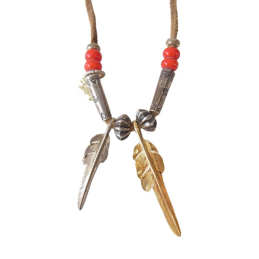 LARRY SMITH ラリースミス 全金 カゼキリ フェザー 18K イーグル タタキ メダル ビーズ カスタム ネックレス シルバー系×ゴールド系【中古】