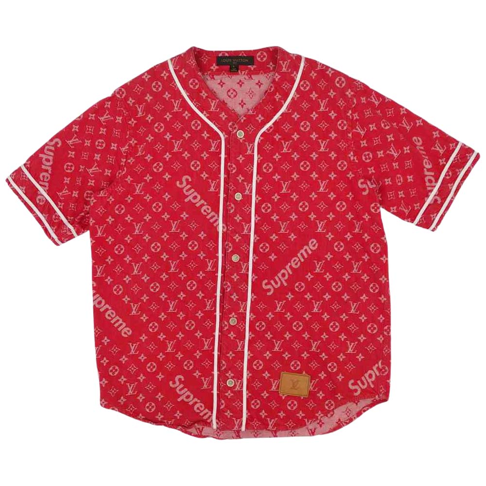 Supreme シュプリーム 17AW × ルイヴィトン LOUIS VUITTON LV Jacquard Denim Baseball Jersey デニム ベースボール 半袖シャツ レッド系 L【中古】