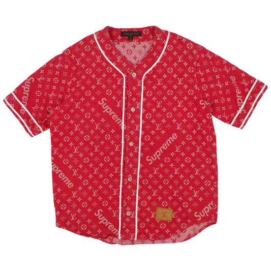 Supreme シュプリーム 17AW × ルイヴィトン LOUIS VUITTON LV Jacquard Denim Baseball Jersey デニム ベースボール 半袖シャツ レッド系 L【中古】