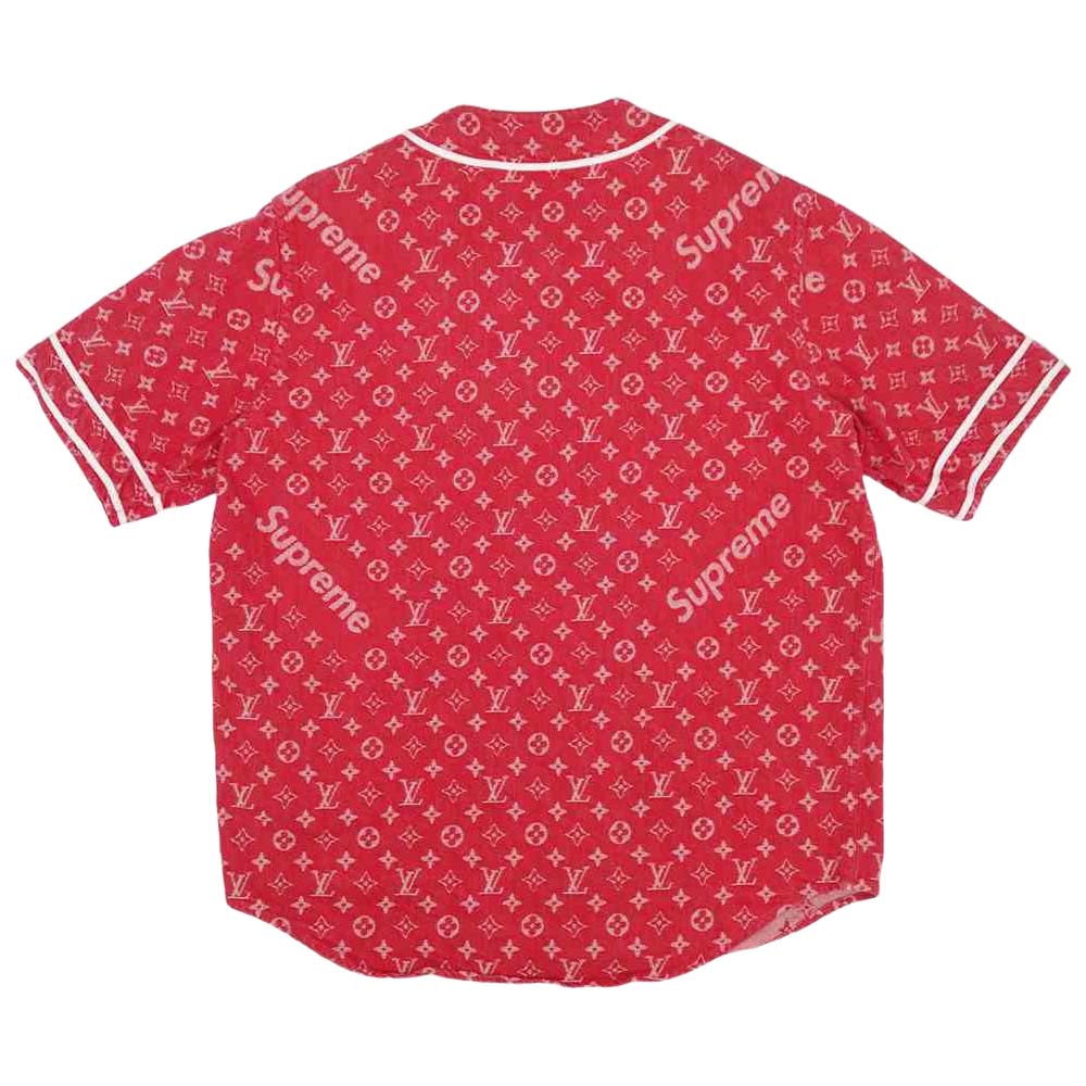 Supreme シュプリーム 17AW × ルイヴィトン LOUIS VUITTON LV Jacquard Denim Baseball Jersey デニム ベースボール 半袖シャツ レッド系 L【中古】