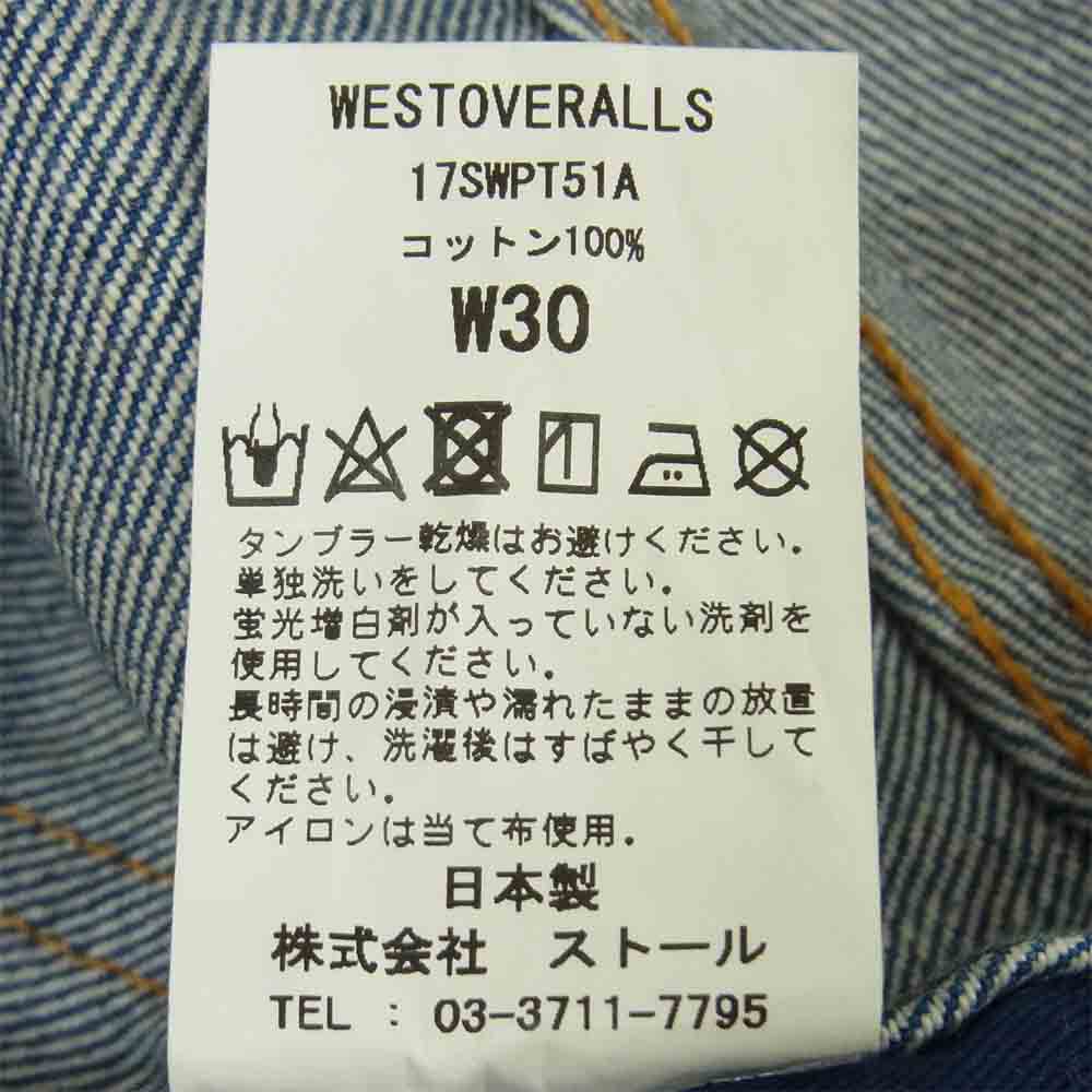 ウエストオーバーオールズ 17SWPT51A 801S STRAIGHT DENIM ONE WASH ワンウォッシュ ストレート デニム パンツ インディゴブルー系 W30【美品】【中古】