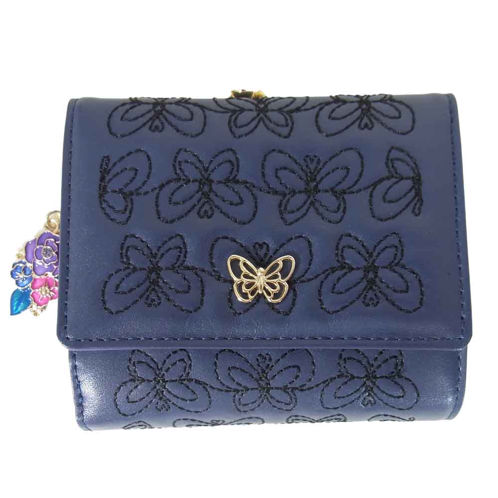 ANNA SUI アナスイ 314942 エターナル バタフライ がま口 ２つ折り 財布 ネイビー系【新古品】【未使用】【中古】