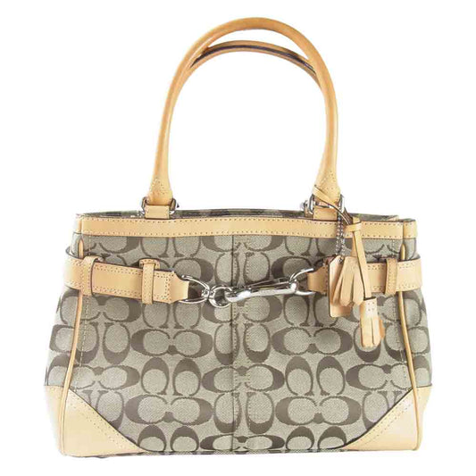 COACH コーチ F08K06 ハンプトンズ ミディアム キャリーオール シグネチャー ハンドバッグ ライトブラウン系【中古】