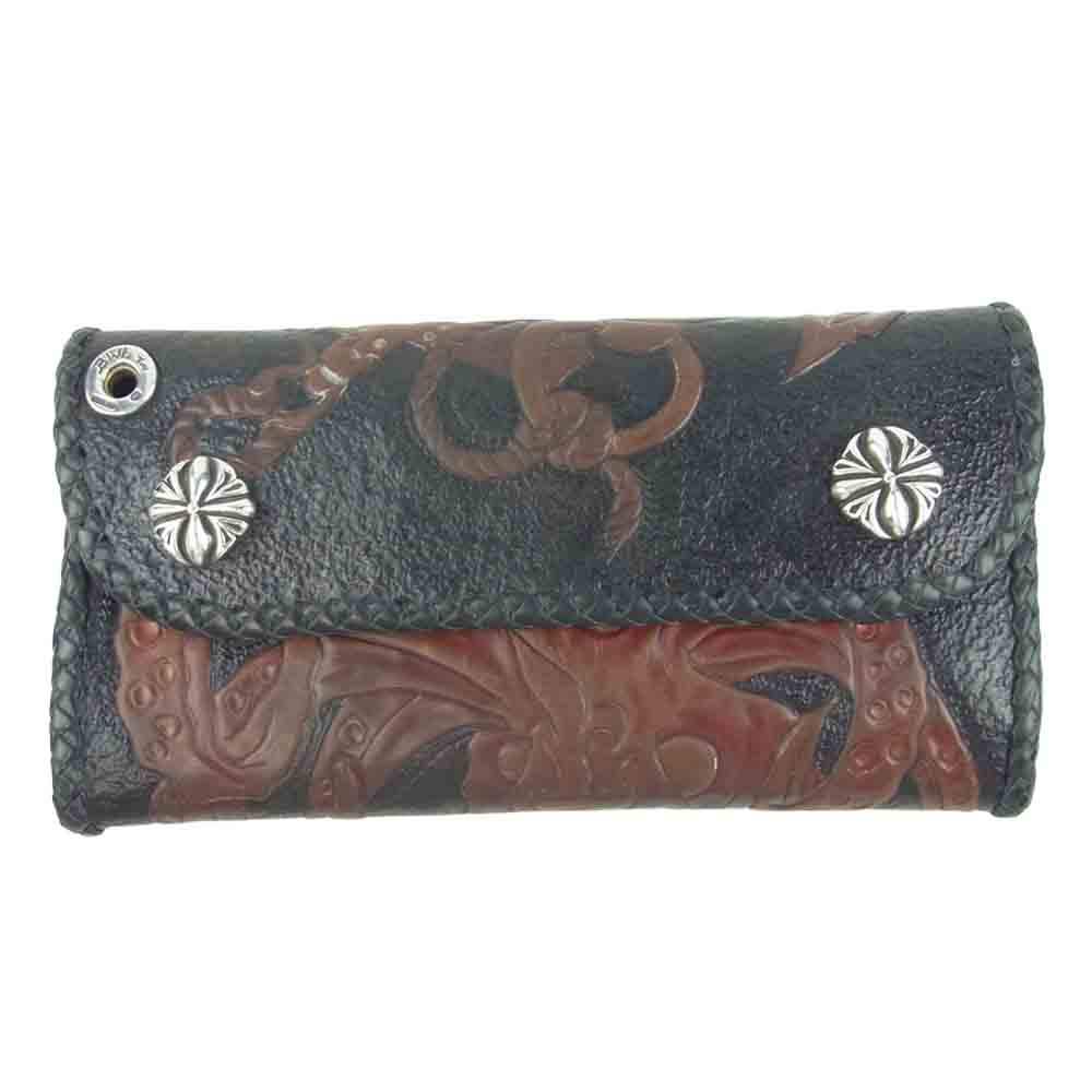 BILL WALL LEATHER ビルウォールレザー BWL オクトパス カービング イーグルヘッドスライダー クロスコンチョボタン カスタム レザー ウォレット ブラック系【中古】