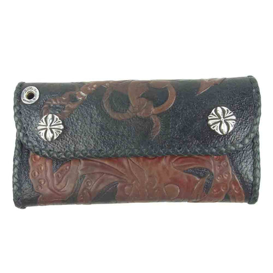 BILL WALL LEATHER ビルウォールレザー BWL オクトパス カービング イーグルヘッドスライダー クロスコンチョボタン カスタム レザー ウォレット ブラック系【中古】