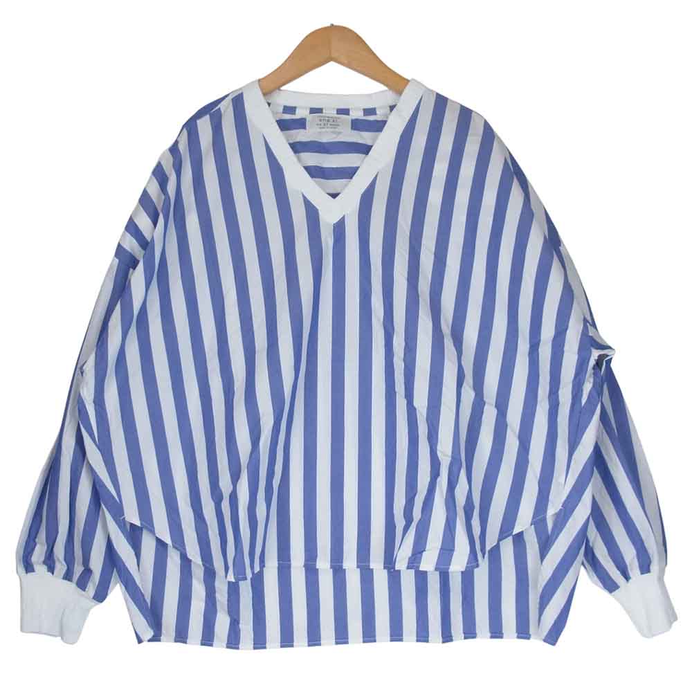 カーキ 高密度 コットン タイプライター Vネック ワイド シルエット ブラウス ブルー系×ホワイト系 01【中古】
