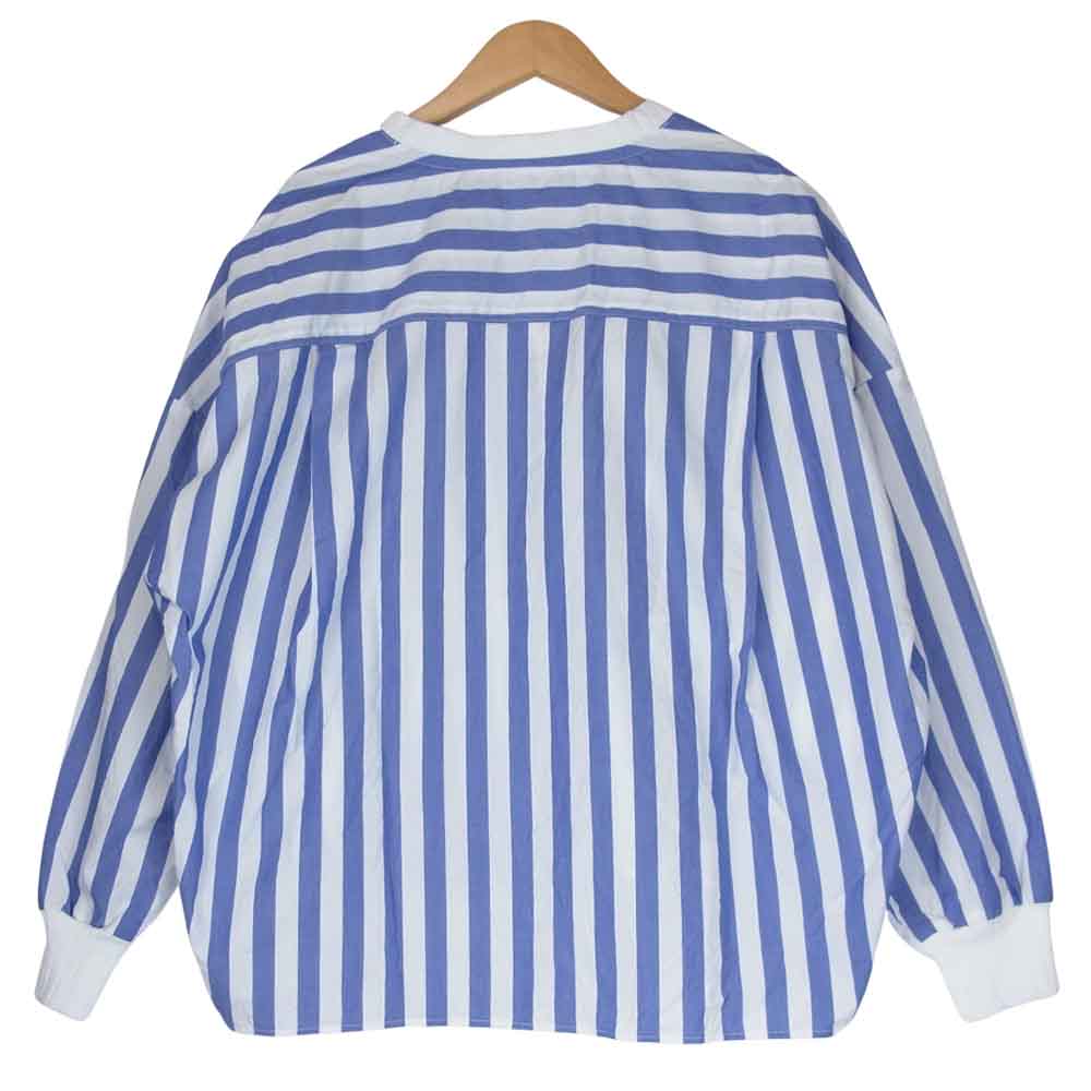 カーキ 高密度 コットン タイプライター Vネック ワイド シルエット ブラウス ブルー系×ホワイト系 01【中古】