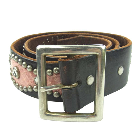 HTC エイチティーシー Leather Belt フラワー スタッズ ベルト レザー ダークブラウン系 32【中古】