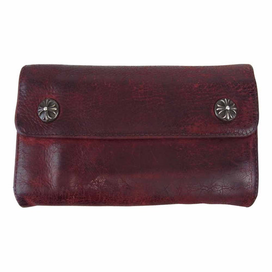 CHROME HEARTS クロムハーツ（原本有） WAVE ウェーブ クロスボールボタン レザー ウォレット ワインレッド系【中古】