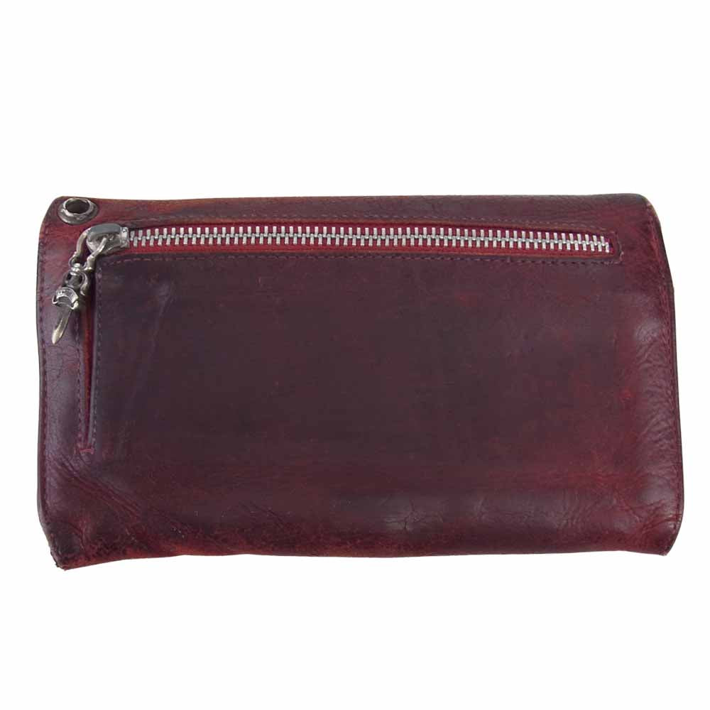CHROME HEARTS クロムハーツ（原本有） WAVE ウェーブ クロスボールボタン レザー ウォレット ワインレッド系【中古】