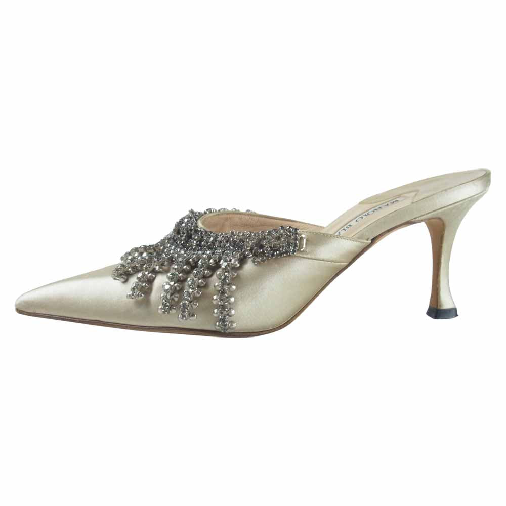 MANOLO BLAHNIK マノロブラニク ECRU ミュール ハイヒール ビジュー ベージュゴールド系 35【中古】