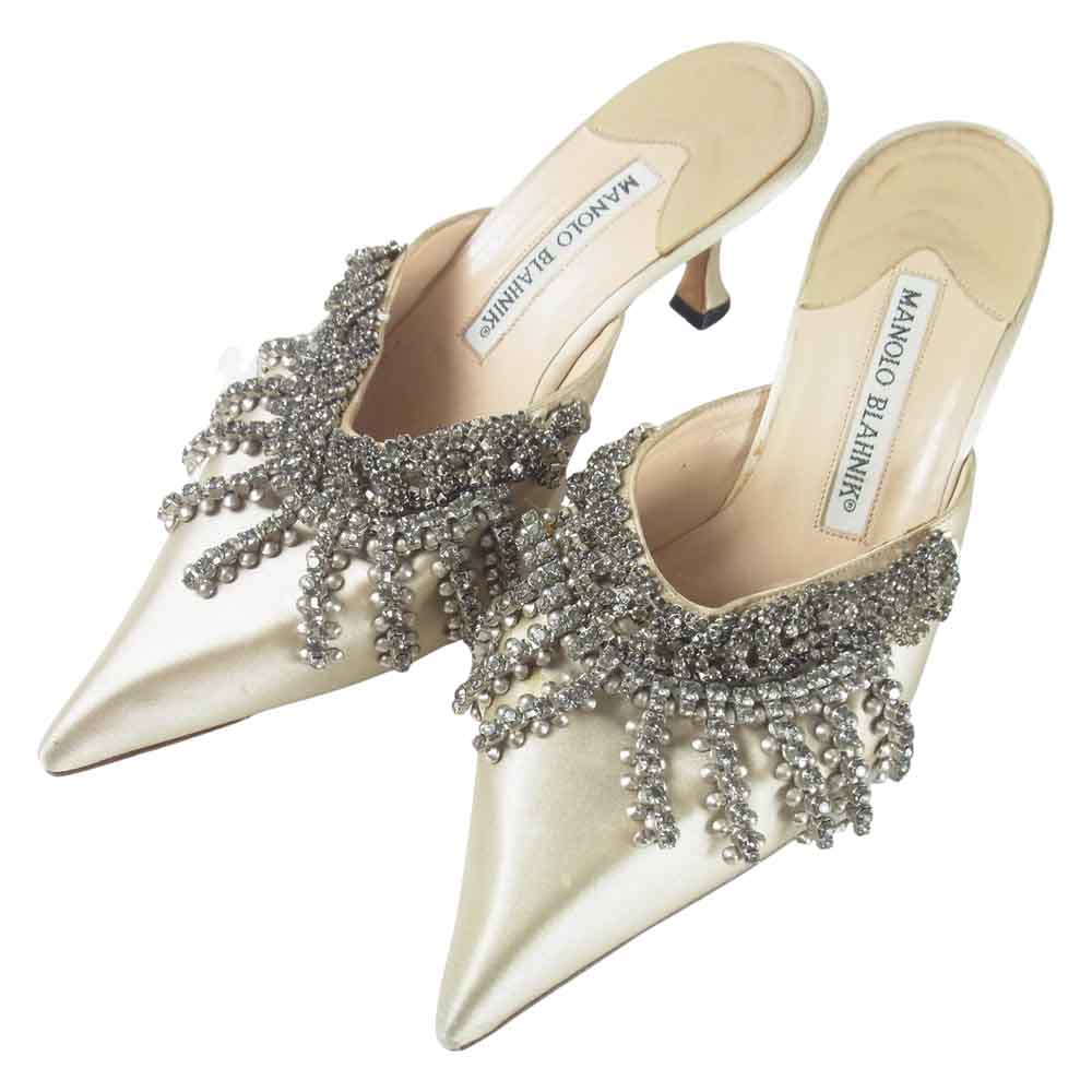 MANOLO BLAHNIK マノロブラニク ECRU ミュール ハイヒール ビジュー ベージュゴールド系 35【中古】