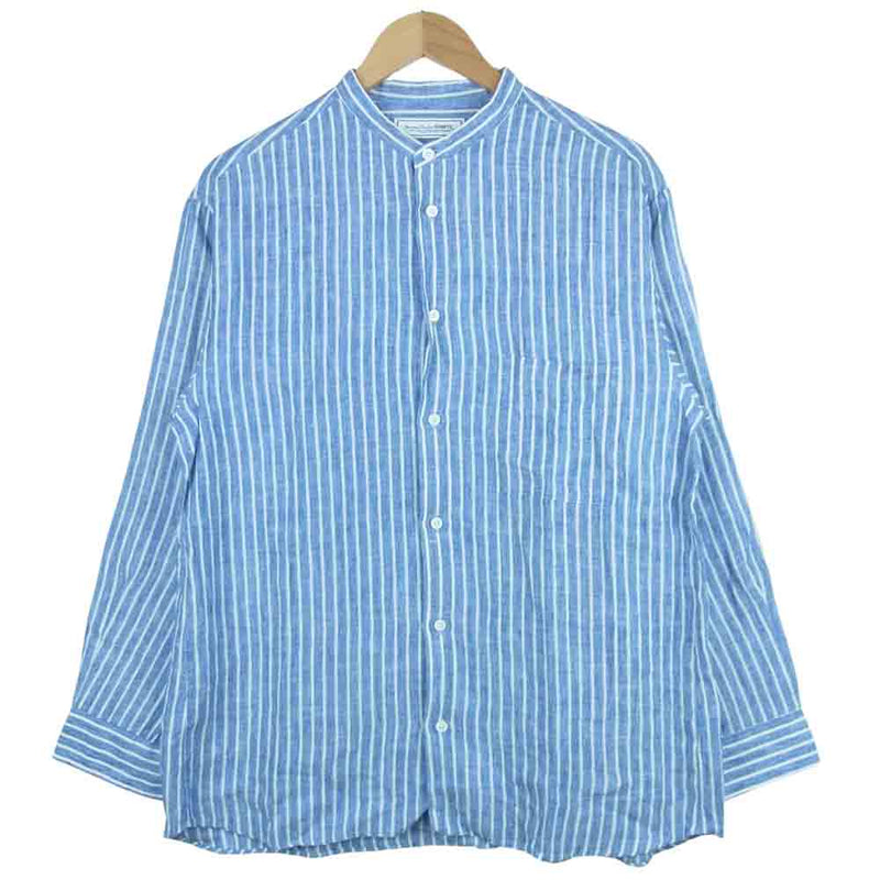 ユニバーサルプロダクツ STRIPE BAND COLLAR SHIRT バンドカラー リネン 麻 ストライプ 長袖 シャツ ブルー系 ホワイト系 2【中古】