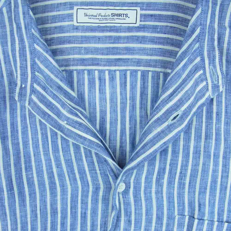 ユニバーサルプロダクツ STRIPE BAND COLLAR SHIRT バンドカラー リネン 麻 ストライプ 長袖 シャツ ブルー系 ホワイト系 2【中古】